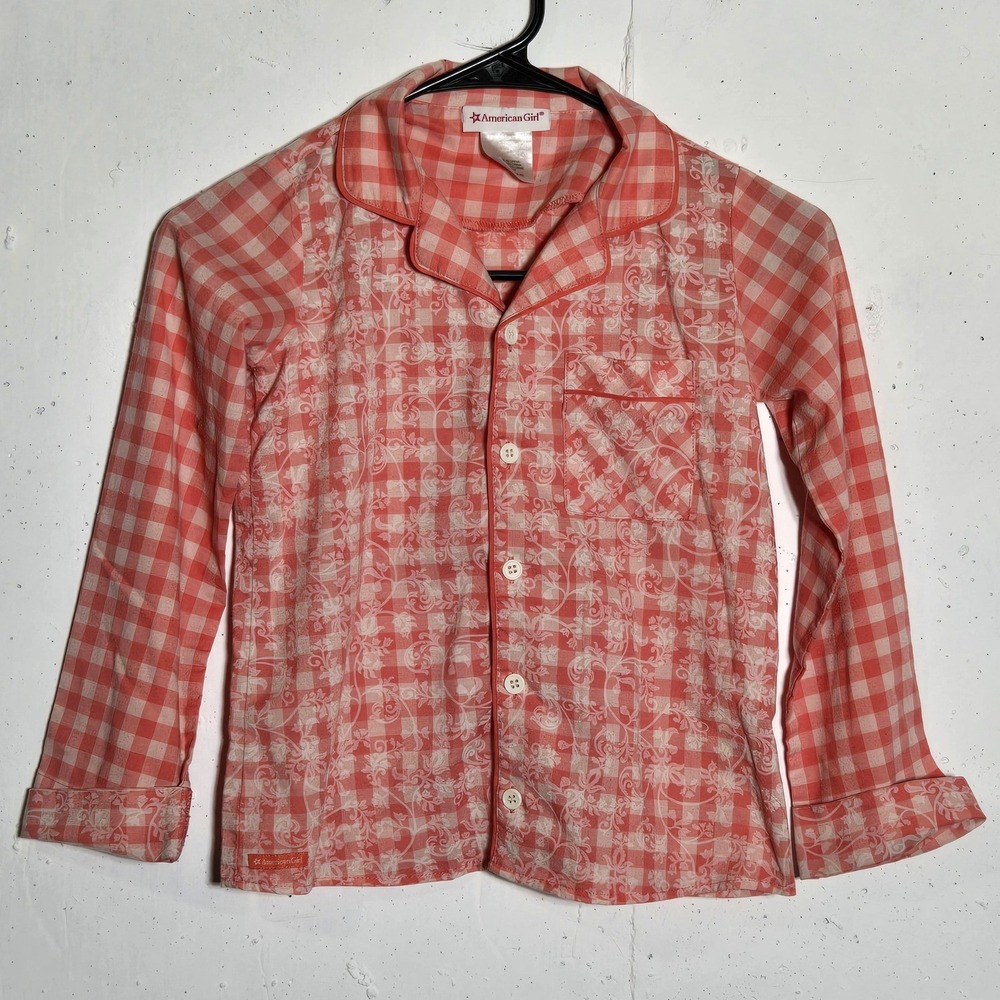 American Girl Girls Gingham Plaid Floral Pajama Top Small 7/8 Tenney Coral PJs